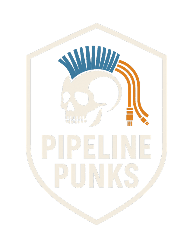 Pipeline Punks badge: bone line-work skull and shield with teal mohawk and orange data cables